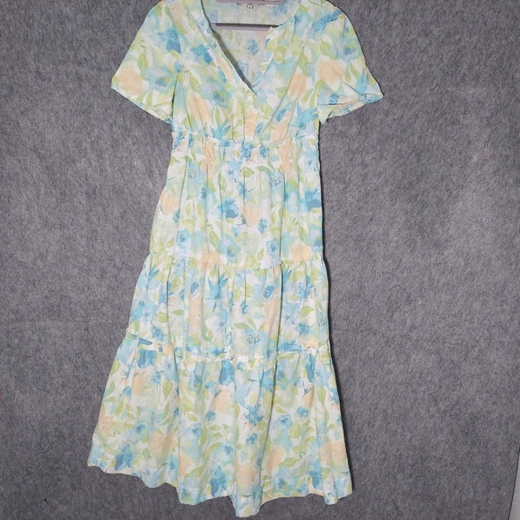 Casa Cabana Dress S Linen Floral Midi Tiered Smocked Cottagecore Garden Romantic - Picture 1 of 9